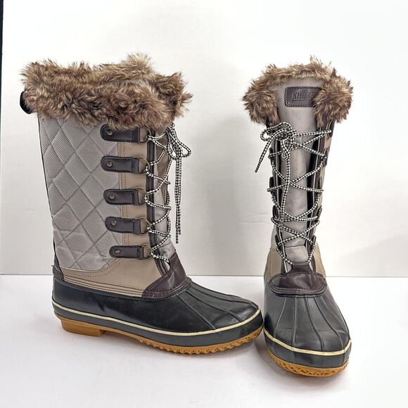 Khombu Boots Womens Size 11 Brown Gray Faux Fur Tall Lace Up Snow Duck Winter - Picture 1 of 13